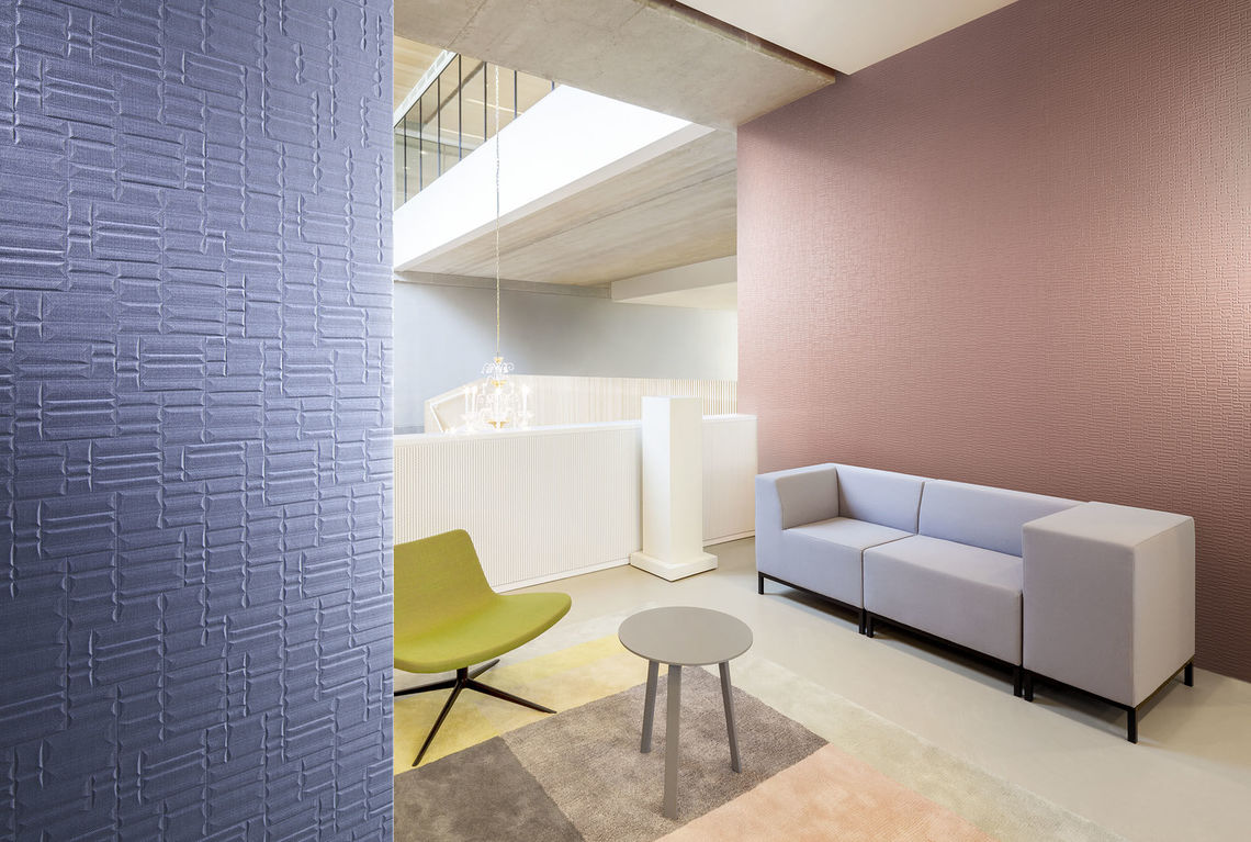 The light plays against wallcovering Boyd's tile-like pattern