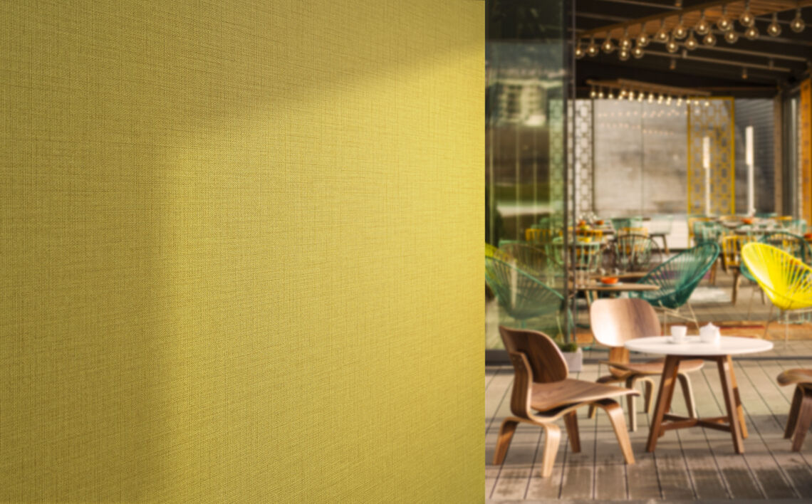 Green wallcovering in a hospitality setting