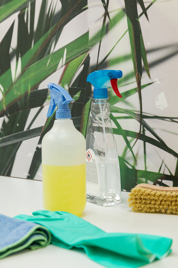 household cleaners in front of a digital printed wallcovering