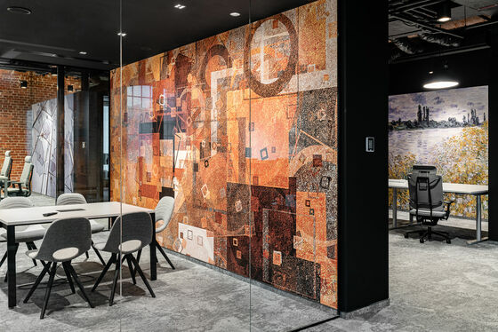 customized digitally printed wallcovering on a wall in an office space