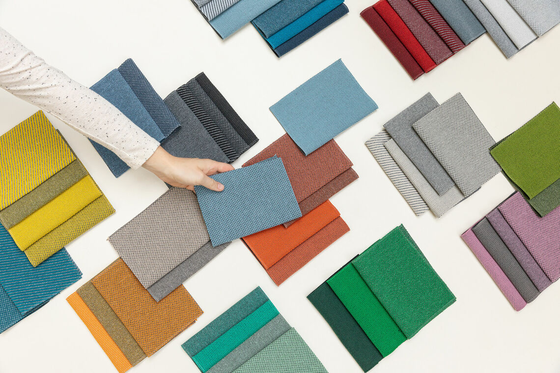 harmonious palette of multiple recycled upholstery fabrics