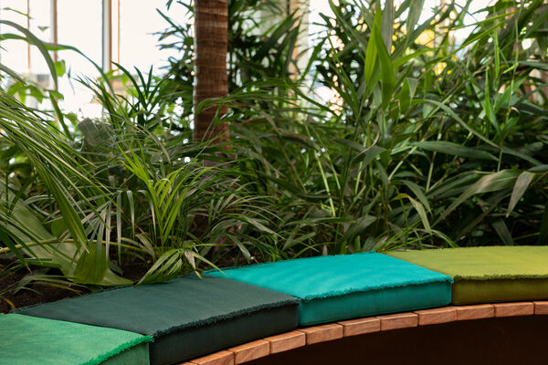 multiple cushions with mossy, pine and grassy upholstery shades in a green office environment